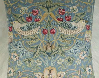William Morris - Strawberry Thief -  Slate Vellum blue Cushion Cover Square Pillow Throw - Pillow Designer Home Decor