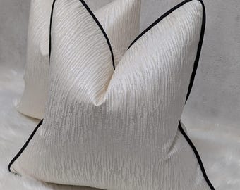 Ivory Cushion Cover with Black Satin Piped "Verase" Luxury Home Decor Jacquard Accent perfect pillow cover for sofa or bed