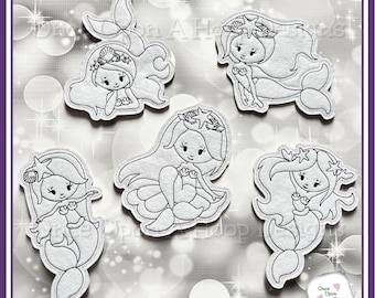 Set di bambole da colorare a forma di sirena - Disegno per ricamo a macchina digitale ITH - DOWNLOAD IMMEDIATO