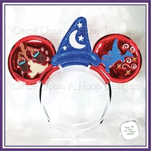 May include: Red Mickey Mouse ears with a blue wizard hat in the center. The left ear features a broom and cauldron, while the right ear features a silhouette of a fairy with stars and swirls. The headband is white.