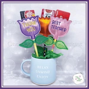 Insegnante Grazie Tulipani Porta biglietti regalo Matita Toppers ITH Ricamo a macchina digitale Design - Download IMMEDIATO