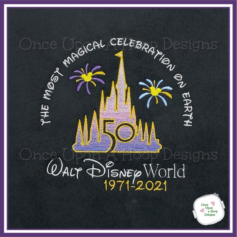 May include: Embroidered design featuring the iconic Cinderella Castle with fireworks and the text "The Most Magical Celebration on Earth" and "Walt Disney World 1971-2021".