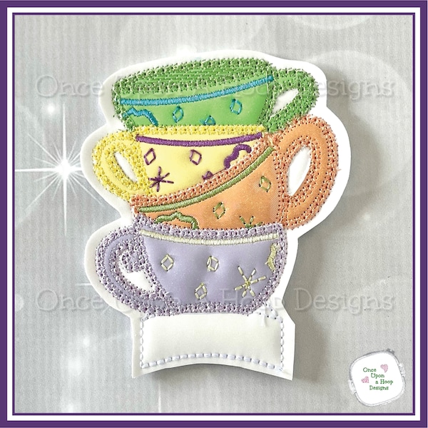 Stacked Tea Cups Add-on Center ITH Digital Machine Embroidery Design - INSTANT Download