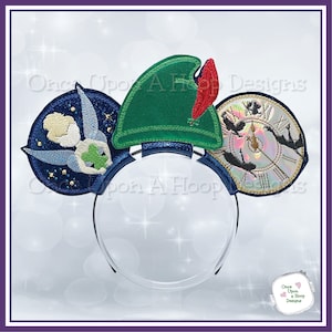 May include: A pair of blue and green mouse ears with a Tinkerbell design on one ear, a green hat with a red feather on the other ear, and a clock face with a silver background on the back of the headband.