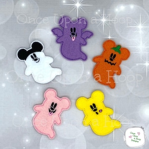 May include: Five felt ghost characters with Mickey Mouse ears and faces. The ghosts are in different colours: purple, white, orange, pink, and yellow. The text "Once Upon a Hoop Designs" is in the bottom right corner of the image.