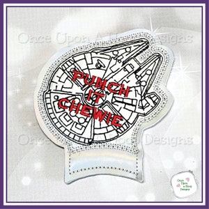 May include: A white and black embroidered patch of the Millennium Falcon spaceship with the text "Punch It Chewie" in red.