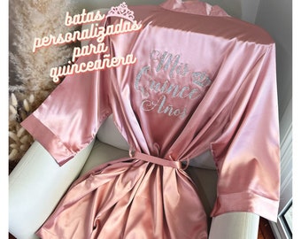 Dusty Pink Quinceañera Robe, Silk Personalized Quinceañera Robe, Sweet Sixteen Robe Custom Glitter, Mis Quince Robe, Quince Birthday Robes