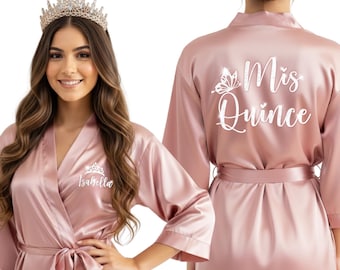 Personalized Mis Quince Satin Robe with Butterfly, Tiara or Crown Symbol