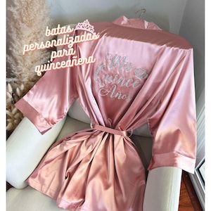 Dusty Pink Quinceañera Robe | Bata Personalizada Mis Quince | Custom Glitter Sweet 16 Satin Robe | Quinceañera Birthday Gift |Mis Quine Robe