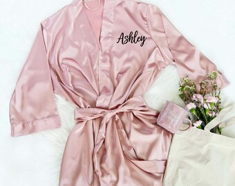 Personalized Bridal Party Gifts Joy Mabelle Womens Satin Short Kimono Robe for Bride or Bridesmaids Customize Your Own Name and Title 