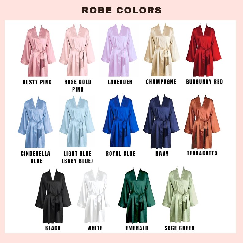 May include: A collection of fifteen satin robes displayed in a grid, each featuring a V-neckline, wide sleeves, and a matching tie belt. The colours include dusty pink, rose gold, lavender, champagne, burgundy, blue shades, terracotta, black, white, emerald, and sage green.