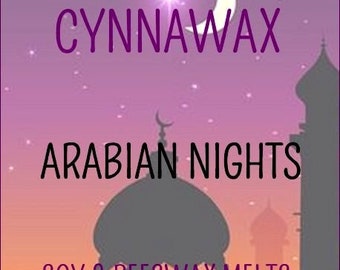 May include: A purple and orange sunset scene with a crescent moon and a star. Silhouettes of minarets and domes are in the foreground. The text "CYNNAWAX" is at the top of the image. The text "ARABIAN NIGHTS" is in the middle of the image. The text "SOY & BEESWAX MELTS" is at the bottom of the image.