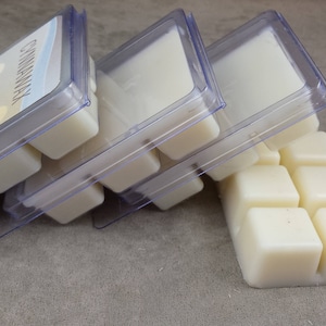 May include: Three clear plastic containers of wax melts, stacked on top of each other. The top container has a label that reads "Cinnamon Spice". The bottom container is filled with white wax melts.