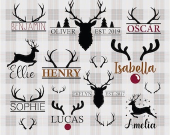 May include: A set of 12 black and white deer silhouette SVG cut files. The designs include deer antlers, a deer head, and a running deer. Each design includes a name and a date, such as "Benjamin", "Oliver EST. 2019", and "Amelia".