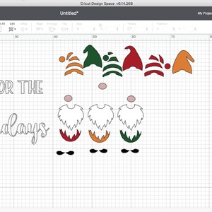 May include: A digital design for a craft project featuring three gnomes with the text "Gnome for the Holidays". The gnomes are made up of various shapes in red, green, orange, and black.