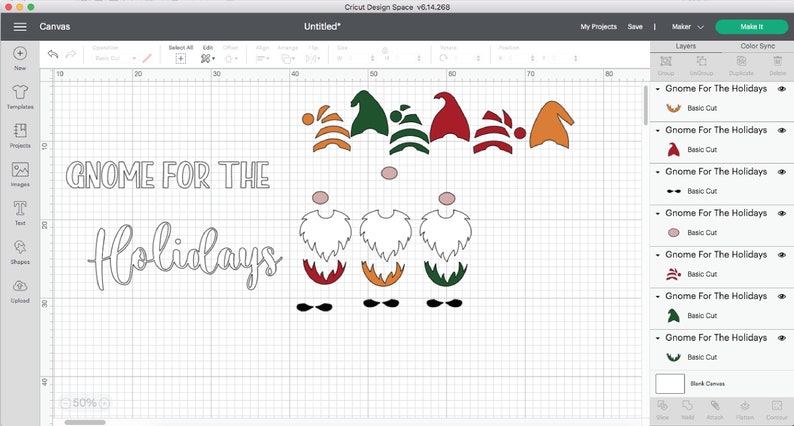 May include: A digital design for a craft project featuring three gnomes with the text "Gnome for the Holidays". The gnomes are made up of various shapes in red, green, orange, and black.