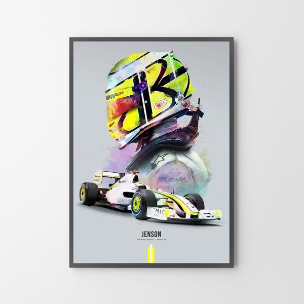 Jenson Button F1 Car Poster Print | F1 Helmet | Wall Art Gift Illustration, Painting, 2009 World Champion, Home Office Decor - (Unframed)