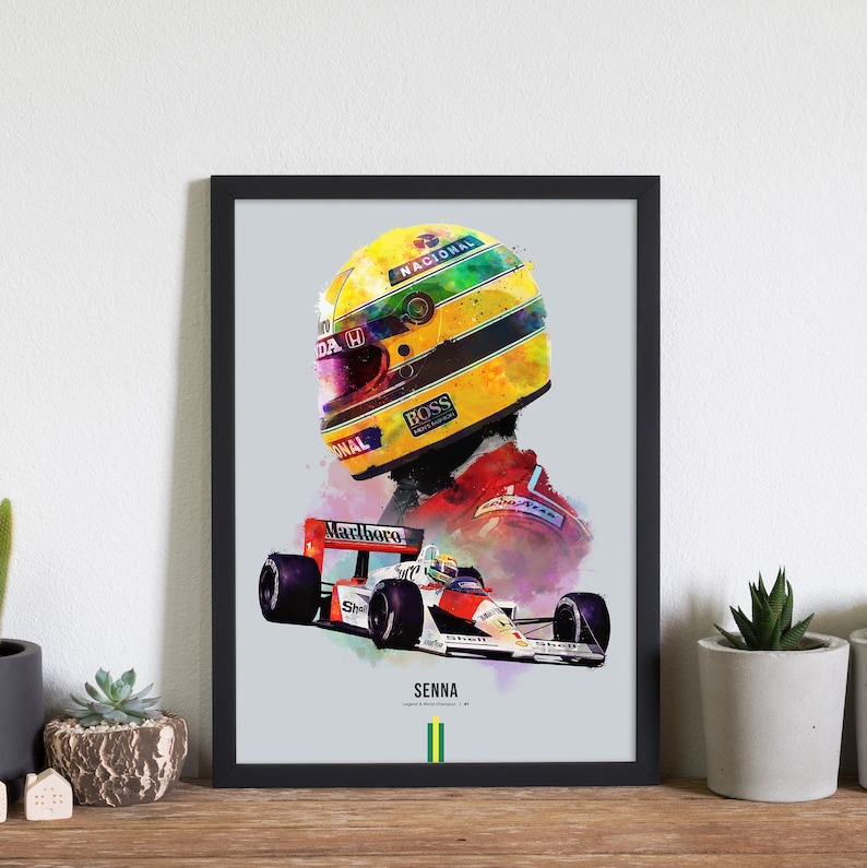 Ayrton Senna F1 Car and Helmet Poster Print Mclaren Wall Art Gift Illustration, Painting Unframed A4 Size Print