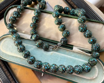 Beautiful Antique Turquoise Mosaic Chip Round Bead Necklace For Restringing