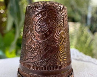 Antique Copper Lucky Thimble – Horseshoe, Clover, Pig & Anchor Good Fortune Symbols, Blessing