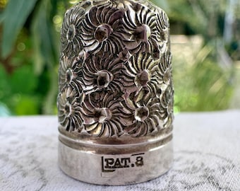 Antique Silver Thimble PAT.8 Floral Engraved Sewing Collectable Victorian Edwardian