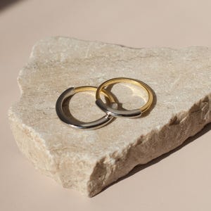 May include: Two simple gold and silver rings on a light brown stone.