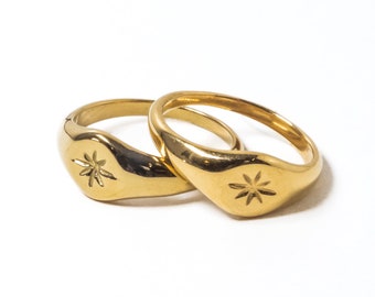 Anillo minimalista estilo sello chapado en oro con estrella de invierno y Navidad delicada y minimalista