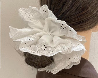 Large Embroidered Oversized Scrunchie, White Cut out Detailed Lace Frilly Hair Tie