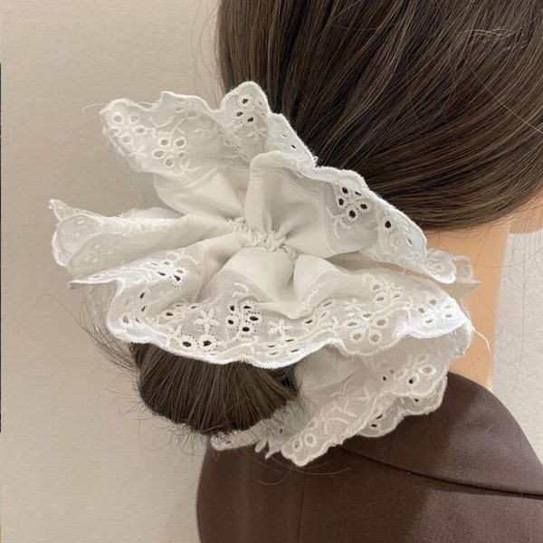 Large Embroidered Oversized Scrunchie, White Cut out Detailed Lace Frilly Hair Tie