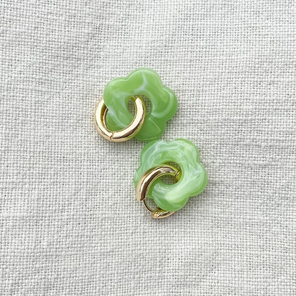 Green Flower Shaped resin Bead Charm Statement Chunky Gold Hoop Earrings