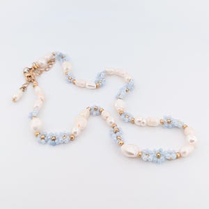 Pearl and Baby Blue seed bead daisy chain flower necklace with gold clasp