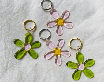 Handblown Glass Flower Pendant Charms on Sterling Silver or Gold Plated Hoops