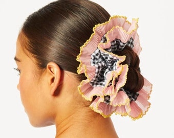 Scrunchie grande bordado de gran tamaño a cuadros coloridos, corbata de pelo con volantes de encaje detallada recortada