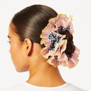 Large Embroidered Oversized colourful checked Scrunchie, Cut out Detailed Lace Frilly Hair Tie image 3