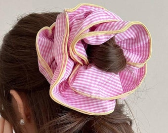 Large Embroidered Oversized colourful gingham Scrunchie with contrast stitching, chunky hair tie accessory