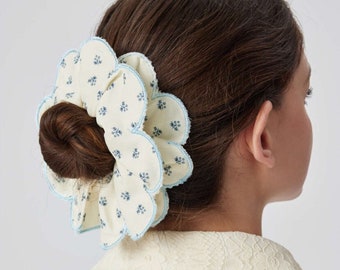 Large Oversized Flower Shaped Cutout Scrunchie, Detailed Frilly Scalloped Hair Tie, Cute Accessory