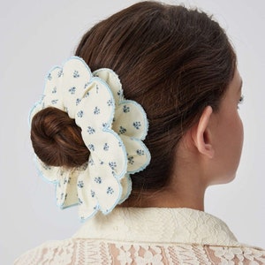 Large Oversized Flower Shaped Cutout Scrunchie, Detailed Frilly Scalloped Hair Tie, Cute Accessory