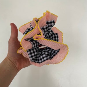 Large Embroidered Oversized colourful checked Scrunchie, Cut out Detailed Lace Frilly Hair Tie image 6