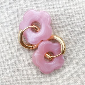 Spring Pink Cherry Blossom Flower Shaped Bead Charm Statement Chunky Gold Hoop Earrings in Baby Pink