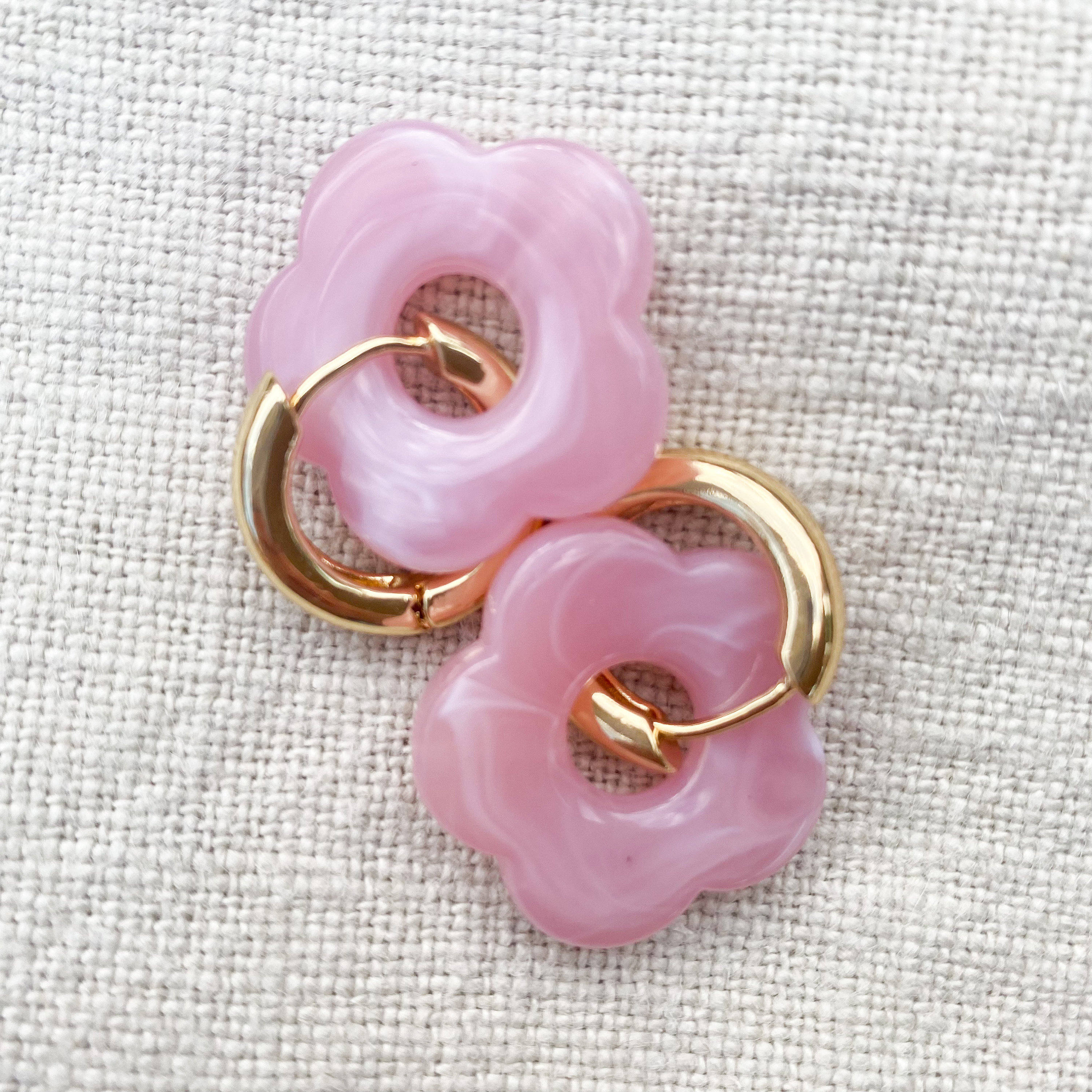 Spring Pink Cherry Blossom Flower Shaped Bead Charm Statement Chunky Gold Hoop Earrings in Baby Pink