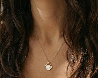 Gold arc coin medallion mother of pearl charm necklace