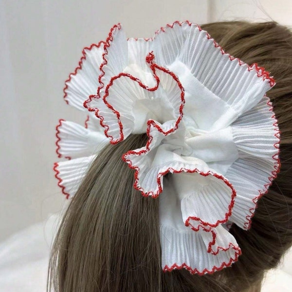 Large Embroidered Oversized colourful checked Scrunchie,  Cut out Detailed Lace Frilly Hair Tie