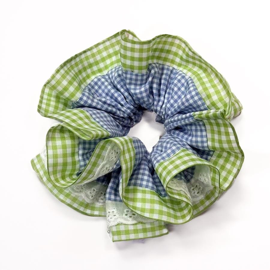 Large Embroidered Oversized colourful checked Gingham Scrunchie,  Cut out Detailed Lace Frilly Hair Tie