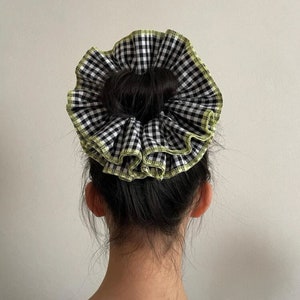 Large Embroidered Oversized colourful checked Scrunchie, Cut out Detailed Lace Frilly Hair Tie image 5