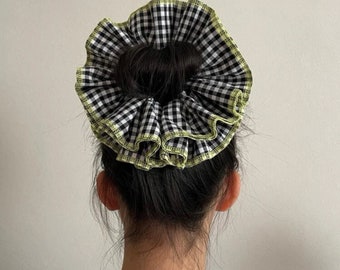 Large Embroidered Oversized colourful checked Scrunchie,  Cut out Detailed Lace Frilly Hair Tie