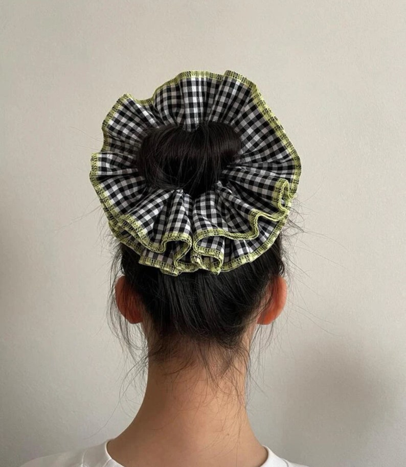 Large Embroidered Oversized colourful checked Scrunchie, Cut out Detailed Lace Frilly Hair Tie image 5