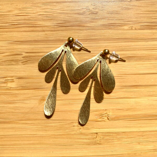 Gold stud dangle drop Earrings with Matisse Leaf Flower Organic shaped charm