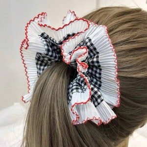 Large Embroidered Oversized colourful checked Scrunchie, Cut out Detailed Lace Frilly Hair Tie image 9