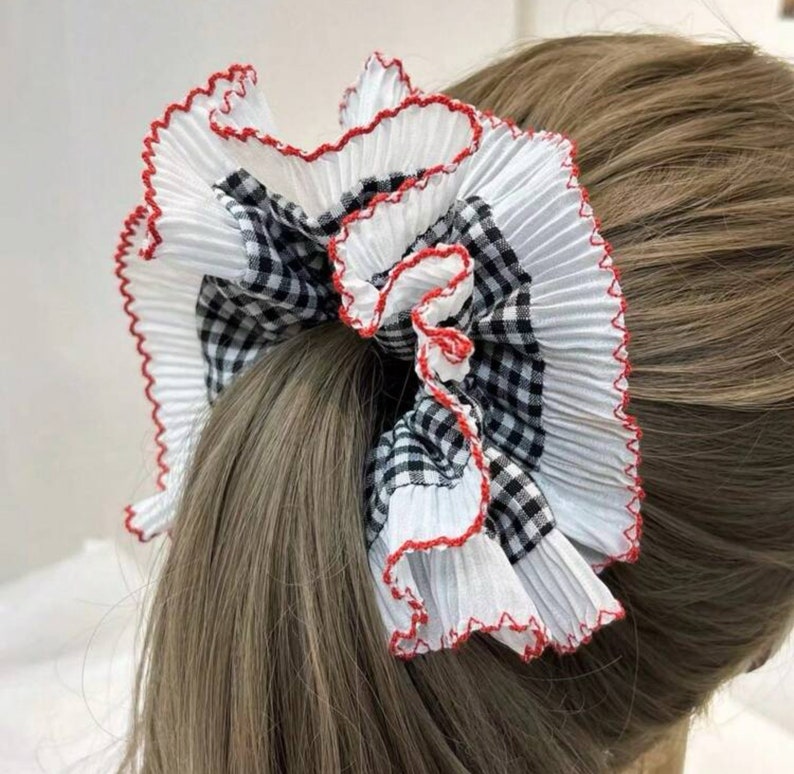 Large Embroidered Oversized colourful checked Scrunchie, Cut out Detailed Lace Frilly Hair Tie image 9