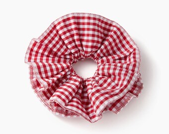 Large Embroidered Oversized colourful checked Scrunchie,  Cut out Detailed Lace Frilly Hair Tie